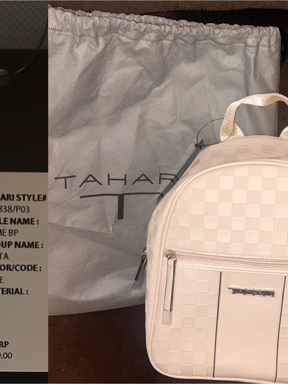 Tahari Cream Checkered Mini Backpack with Front Zip Pocket